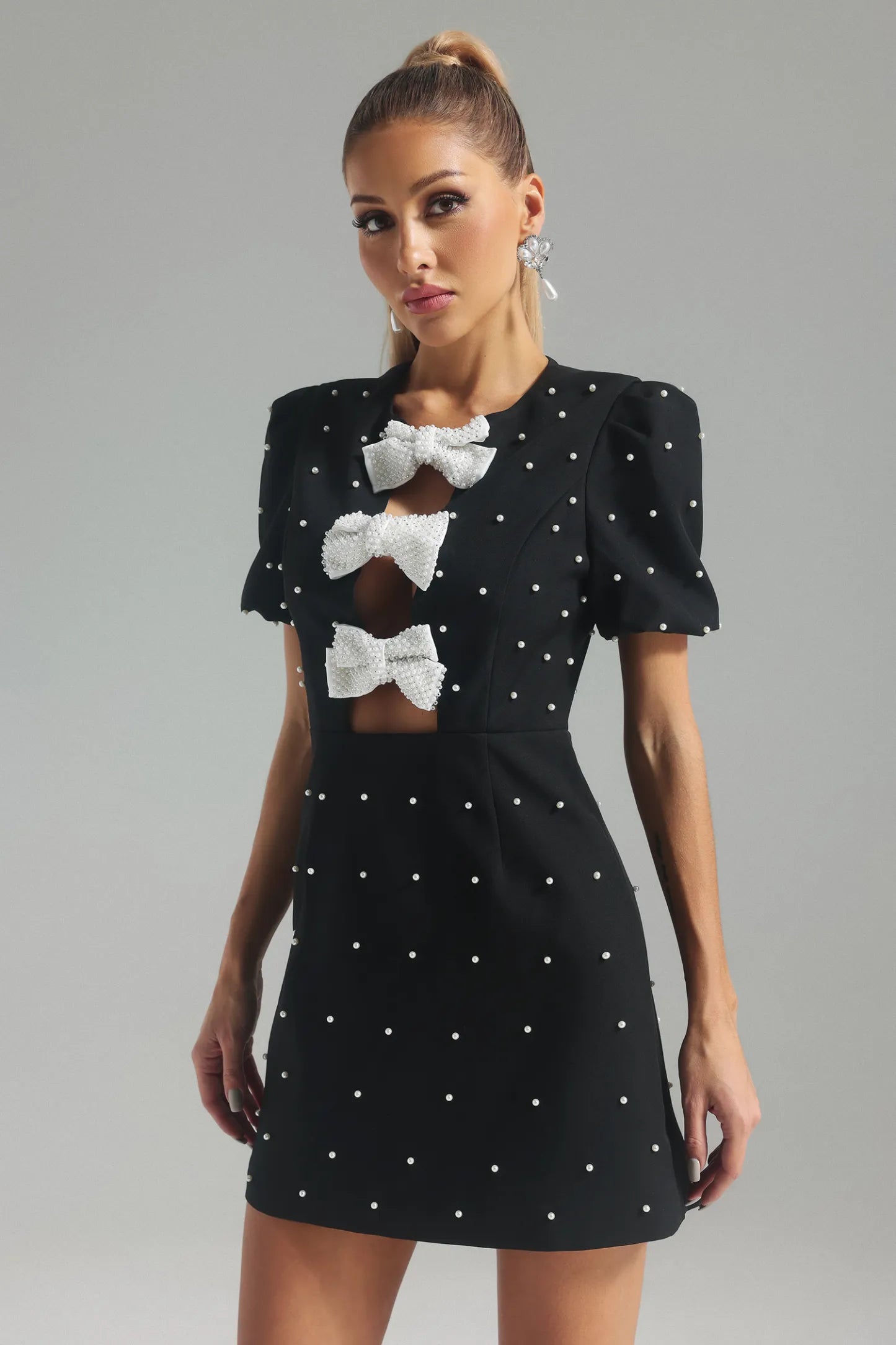 Embellished Short Pearl Bow knot Mini Dress